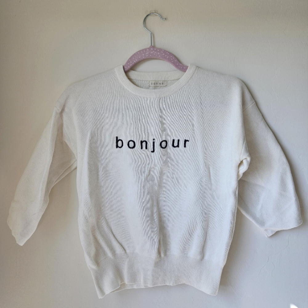 White Bohme Cropped Bonjour Embroidered Sweater Shirt Size Small